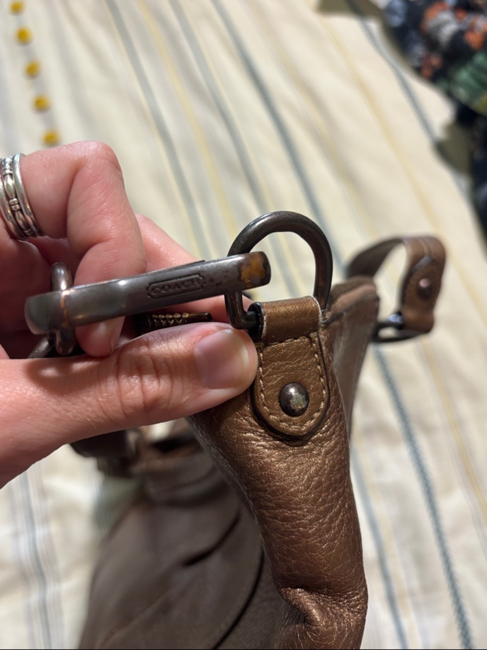 COACH Metallic Bronze Pebbled Leather Tote with Top Handles and shoulder strap - Picture 11 of 12